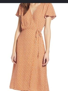 Nordstrom Copper with White Polka Dot Wrap Midi Dress